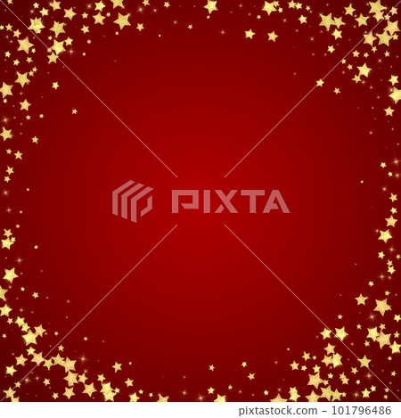 Magic stars vector overlay. Gold stars scattered around randomly, falling down, floating. Chaotic dreamy childish overlay template. Miraculous starry night vector on red background. 101796486