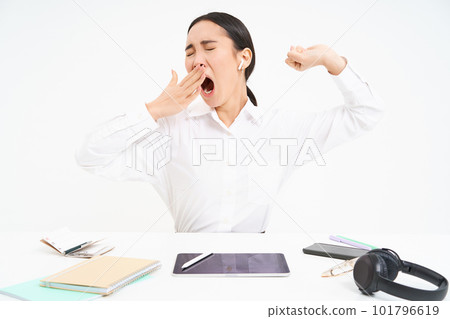 Tired businesswoman in office, sits back and stretches hands, exhausted after work, white background 101796619