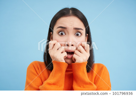 Close up of scared korean woman screams and looks horrified, stands over blue background 101796936