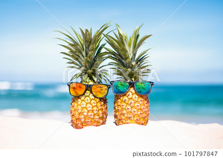 Couple of attractive pineapples in stylish mirrored sunglasses on the sand Couple of attractive pineapples in stylish mirrored sunglasses on the sand 101797847