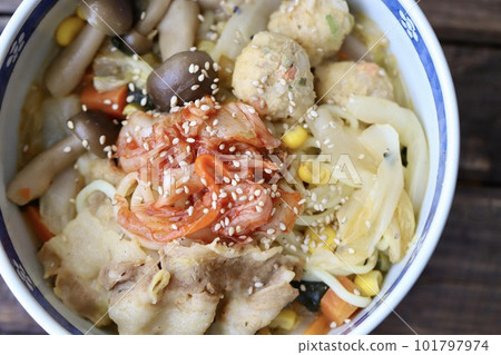 Ingredient-packed stewed ramen made with leftover soy milk and kimchi hotpot Ingredient-packed stewed ramen made with leftover soy milk and kimchi hotpot 101797974