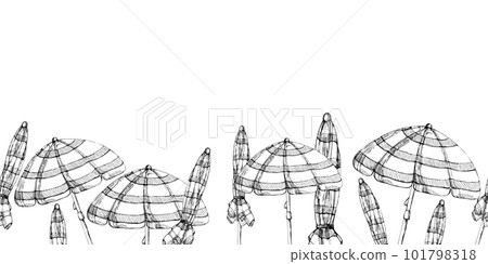 Hand drawn vector ink striped beach chair and umbrella. Seamless horizontal banner. Isolated on white background. Design for wall art, wedding, print, fabric, cover, card, tourism, travel booklet. Hand drawn vector ink striped beach chair and umbrella. Seamless horizontal banner. Isolated on white background. Design for wall art, wedding, print, fabric, cover, card, tourism, travel booklet. 101798318