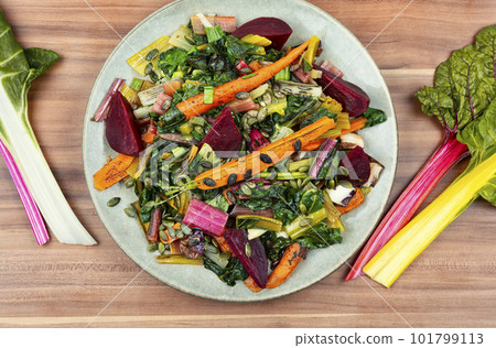 Healthy sauteed swiss chard with vegetables Healthy sauteed swiss chard with vegetables 101799113