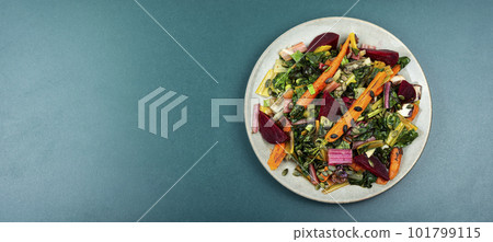 Stewed vegetables and chard leaves, copy space. Stewed vegetables and chard leaves, copy space. 101799115