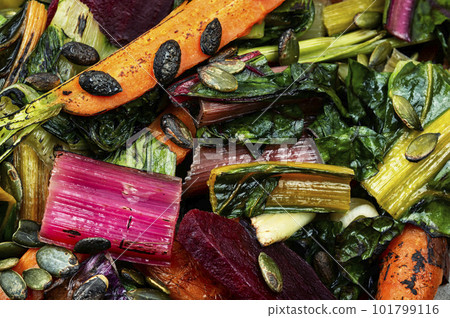 Stewed vegetable salad, vegan food. Stewed vegetable salad, vegan food. 101799116