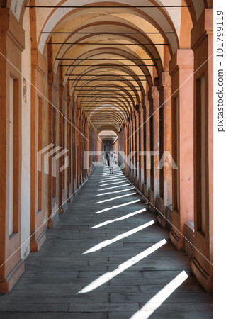 Elegant arches silhouette architectural landmarks in Bologna with happy tourists walking on a sunny warm summer day. The concept of historical heritage. Copyspace Elegant arches silhouette architectural landmarks in Bologna with happy tourists walking on a sunny warm summer day. The concept of historical heritage. Copyspace 101799119