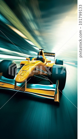 An Yellow Race Car Speeding around a Track with Intense Motion Blur 101799133