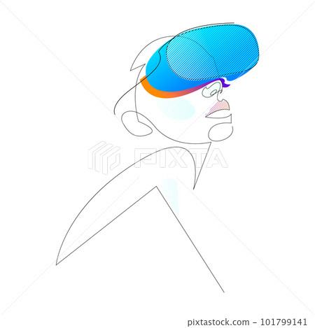 Woman wearing virtual reality glasses device or VR set minimalist line drawing. Metaverse concept. Can be used for infigraphics, logo or web banner. Vector illustration. Woman wearing virtual reality glasses device or VR set minimalist line drawing. Metaverse concept. Can be used for infigraphics, logo or web banner. Vector illustration. 101799141