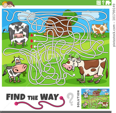 find the way maze game with cartoon cows farm animals find the way maze game with cartoon cows farm animals 101799149
