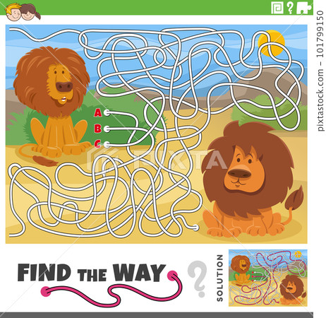 find the way maze game with cartoon lions animals find the way maze game with cartoon lions animals 101799150