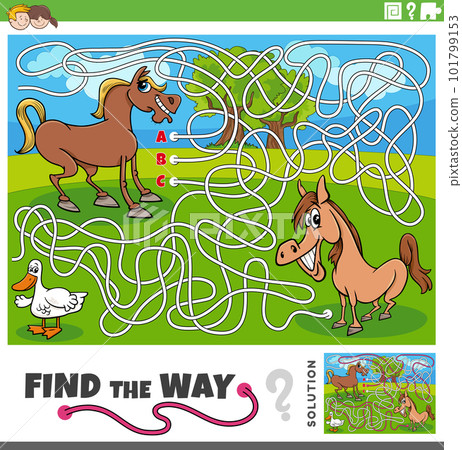 find the way maze game with cartoon wild animals 101799153