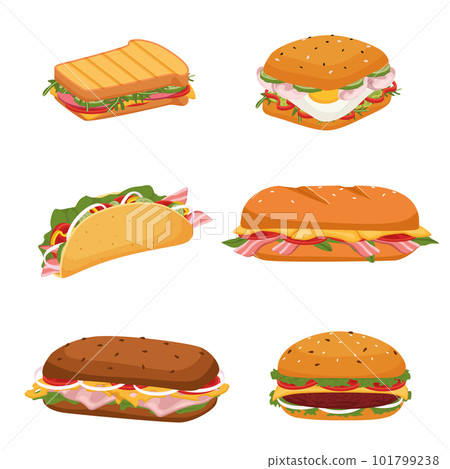 Set of delicious juicy sandwiches filled with vegetables, cheese, meat, bacon. Crispy toast, croissant and bun sandwiches vector set. Tasty snack for lunch or breakfast with fresh ingredients Set of delicious juicy sandwiches filled with vegetables, cheese, meat, bacon. Crispy toast, croissant and bun sandwiches vector set. Tasty snack for lunch or breakfast with fresh ingredients 101799238