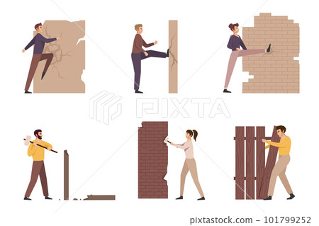Business people destroying walls. Flat employees smash obstacles in different ways, break concrete. Men and women cartoon flat style isolated, nowaday vector set 101799252