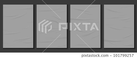 Realistic set of grey glued wall posters. Glued posters, old adhesive texture mockup. Blank sheets creased effect. Blank pages with wrinkles, realistic 3d set 101799257