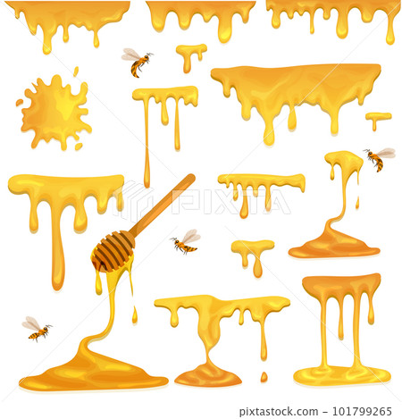 Honey blots. Honey dropping and flowing from the dipper. Sticky amber liquids, drops and fluids. Maple syrup, caramel and sweet sugar 101799265
