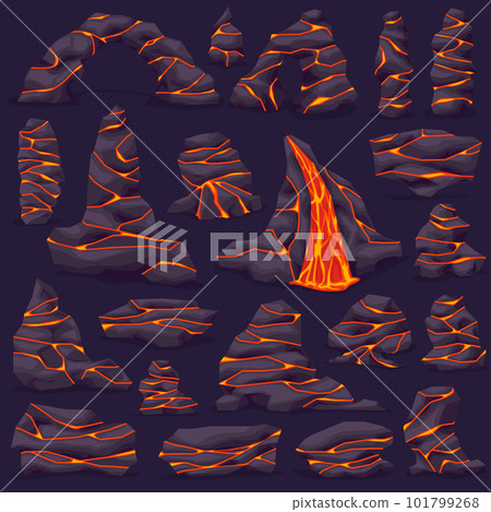 Volcano ground rock stone with lava in cracks. Lava rock with crack. Vector illustration set EPS10. 101799268