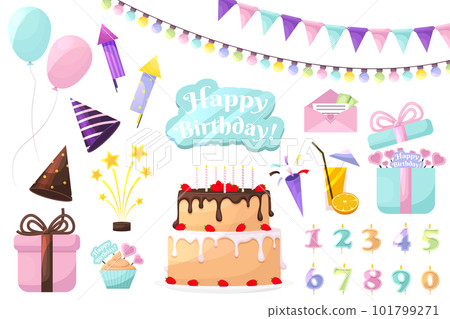 Set of Birthday party elements. Cartoon holiday elements set. Flags or light garlands. Present cake, candle, gift box, cupcake. Festive objects with design elements Set of Birthday party elements. Cartoon holiday elements set. Flags or light garlands. Present cake, candle, gift box, cupcake. Festive objects with design elements 101799271