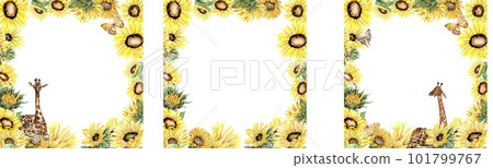 Watercolor horizontal seamless background with sunflowers set. Butterflies in cartoon style. Hand drawn illustration of summer.Perfect for scrapbooking, kids design,wedding invitation,greetings cards. 101799767