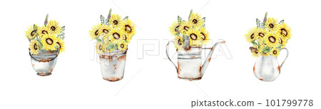 Watercolor composition set with sunflowers and old rusty garden tools. Hand drawn illustration of summer. Perfect for scrapbooking, kids design, wedding invitation, posters, greetings cards. Watercolor composition set with sunflowers and old rusty garden tools. Hand drawn illustration of summer. Perfect for scrapbooking, kids design, wedding invitation, posters, greetings cards. 101799778