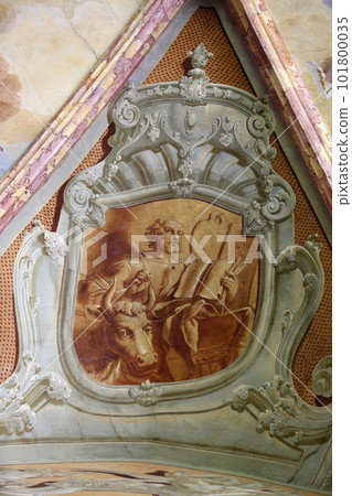 Saint Luke the Evangelist, fresco in parish Church of the Immaculate Conception of the Virgin Mary in Lepoglava, Croatia Saint Luke the Evangelist, fresco in parish Church of the Immaculate Conception of the Virgin Mary in Lepoglava, Croatia 101800035
