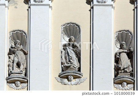 Saint Gregory the Great, Jesus Christ and Saint Jerome on the portal of Holy Cross, parish Church of the Immaculate Conception of the Virgin Mary in Lepoglava, Croatia 101800039