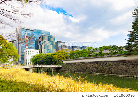 High-rise buildings in the business district of Marunouchi, Otemachi in early spring, the Imperial Palace and the Takebashi entrance of Edo Castle (Chiyoda-ku, Tokyo) 101800086