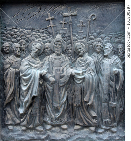 Monument of St. Cyril and Methodius  in downtown of Skopje, Macedonia 101800297