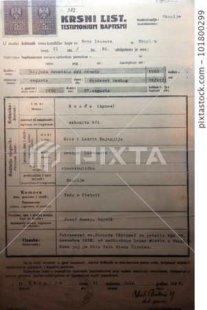 Mother Teresa's birth certificate on display at the Memorial House in Skopje, Macedonia 101800299