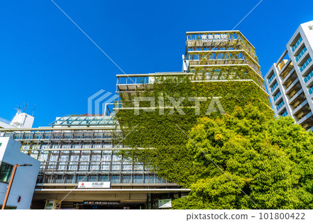 東京都市風景在日本夏日。俯瞰東急鐵道大岡山站和東急醫院附屬的車站大樓 101800422