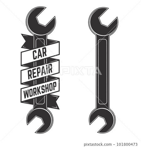Car repair workshop. Emblem template with car wrench in engraving style. Design element for logo, label, emblem, sign, badge. Vector illustration Car repair workshop. Emblem template with car wrench in engraving style. Design element for logo, label, emblem, sign, badge. Vector illustration 101800473