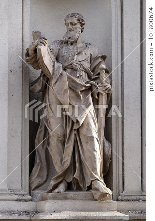Saint Paul the Apostle on the facade of Parish Church of the Holy Blood in Graz, Styria, Austria 101800674
