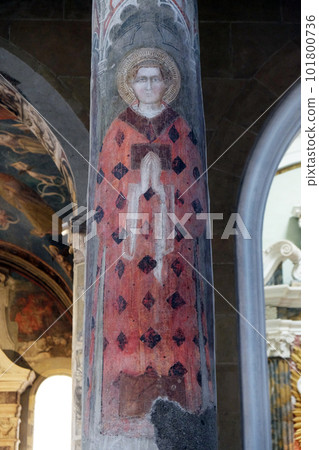 Fresco on the column depicting Saint Stephen, Basilica of Saint Frediano, Lucca, Tuscany, Italy 101800736