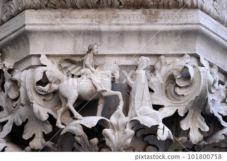 Medieval reliefs from Doge's Palace capital in Saint Mark Square, Venice, Italy Medieval reliefs from Doge's Palace capital in Saint Mark Square, Venice, Italy 101800758