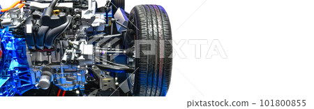 View of car engine structure installed electric chassis mounted on white background, copy space View of car engine structure installed electric chassis mounted on white background, copy space 101800855