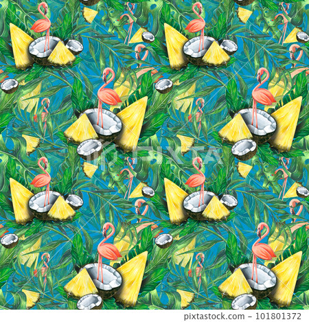 Tropical leaves with pineapples, coconuts and pink flamingos. Watercolor illustration, hand drawn. Seamless pattern summer, brazilian, bright, beach for fabrics and prints. Tropical leaves with pineapples, coconuts and pink flamingos. Watercolor illustration, hand drawn. Seamless pattern summer, brazilian, bright, beach for fabrics and prints. 101801372