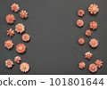 Composition of pink volumetric dried flowers on a gray background. Herbarium of garden flowers  101801644