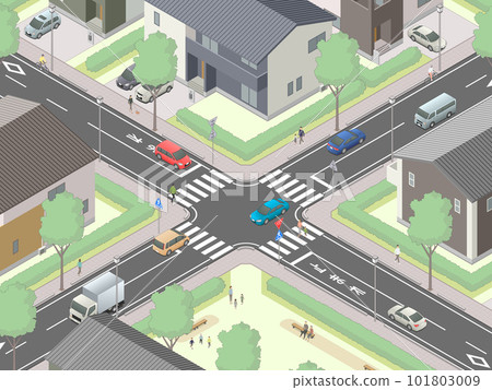 Image of an intersection drawn using isometric projection [A] (urban area-02) 101803009
