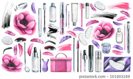A large set of professional cosmetics and tools for makers of lamination, painting eyelashes and eyebrows. Watercolor illustration, hand drawn. Isolated objects on a white background. A large set of professional cosmetics and tools for makers of lamination, painting eyelashes and eyebrows. Watercolor illustration, hand drawn. Isolated objects on a white background. 101803289
