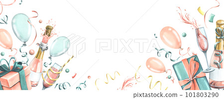 Gift box with a bottle and a glass of champagne, with balloons and confetti, in pink and blue. Watercolor illustration. Festive template from the collection of HAPPY BIRTHDAY. For congratulations Gift box with a bottle and a glass of champagne, with balloons and confetti, in pink and blue. Watercolor illustration. Festive template from the collection of HAPPY BIRTHDAY. For congratulations 101803290