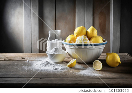 Baking soda or sodium bicarbonate and lemon on wooden table. This combination is effective natural home remedy.. Created with Generative AI technology. 101803953
