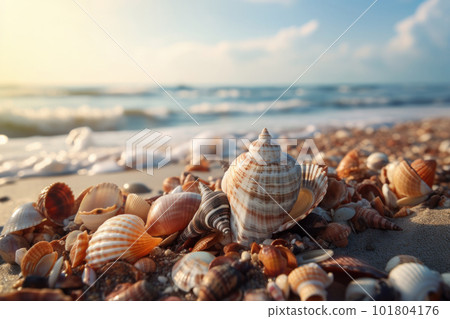 The beauty of seashells on a sandy beach is captured in this natural scenery. The coastal environment and waves provide a relaxing vacation spot. AI Generative. 101804176