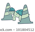 A smiling turtle wearing color cones and a helmet 101804512