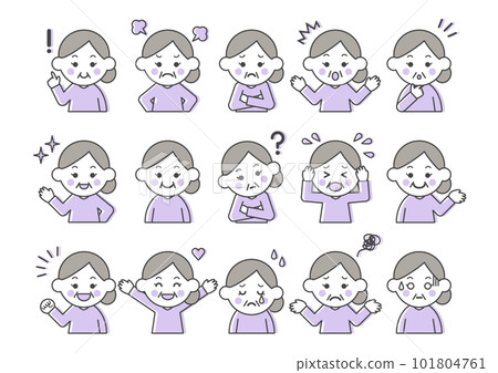 Illustration set of facial expressions and poses of senior women 101804761