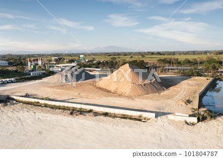 Pile of sand, gravel and concrete plant in aerial view. Pile of sand, gravel and concrete plant in aerial view. 101804787