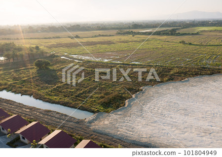 Land, field and soil backfill in aerial view. Land, field and soil backfill in aerial view. 101804949