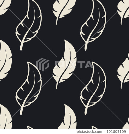 Vector Seamless Pattern with Different Black Fluffy Feather Silhouettes on White Background. Design Template of Flamingo, Angel, Bird Feathers for Wall Paper, Textile. Lightness, Freedom Concept Vector Seamless Pattern with Different Black Fluffy Feather Silhouettes on White Background. Design Template of Flamingo, Angel, Bird Feathers for Wall Paper, Textile. Lightness, Freedom Concept 101805109