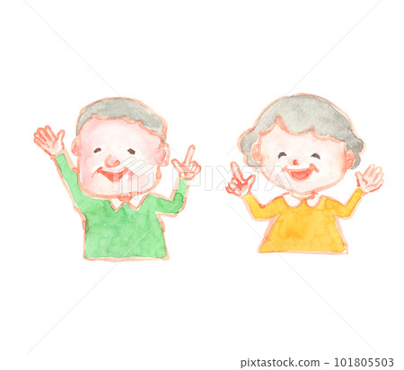 一對年長夫婦用手指指著的水彩插圖 101805503