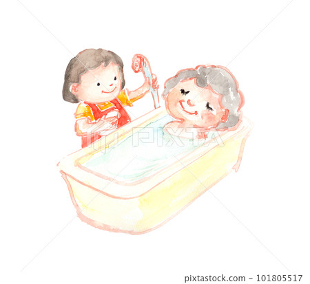 一名幫手和一名協助洗澡的高級婦女的插圖 一名幫手和一名協助洗澡的高級婦女的插圖 101805517