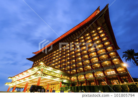 Low angle view of the Grand Hotel Taipei on a sunny day in Taiwan. This is a Magnificent Chinese-style palace building. 101805794
