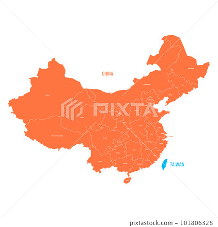 Political map of Taiwan and China. Both countries with administrative divisions in different colors. Vector map with labels. 101806328